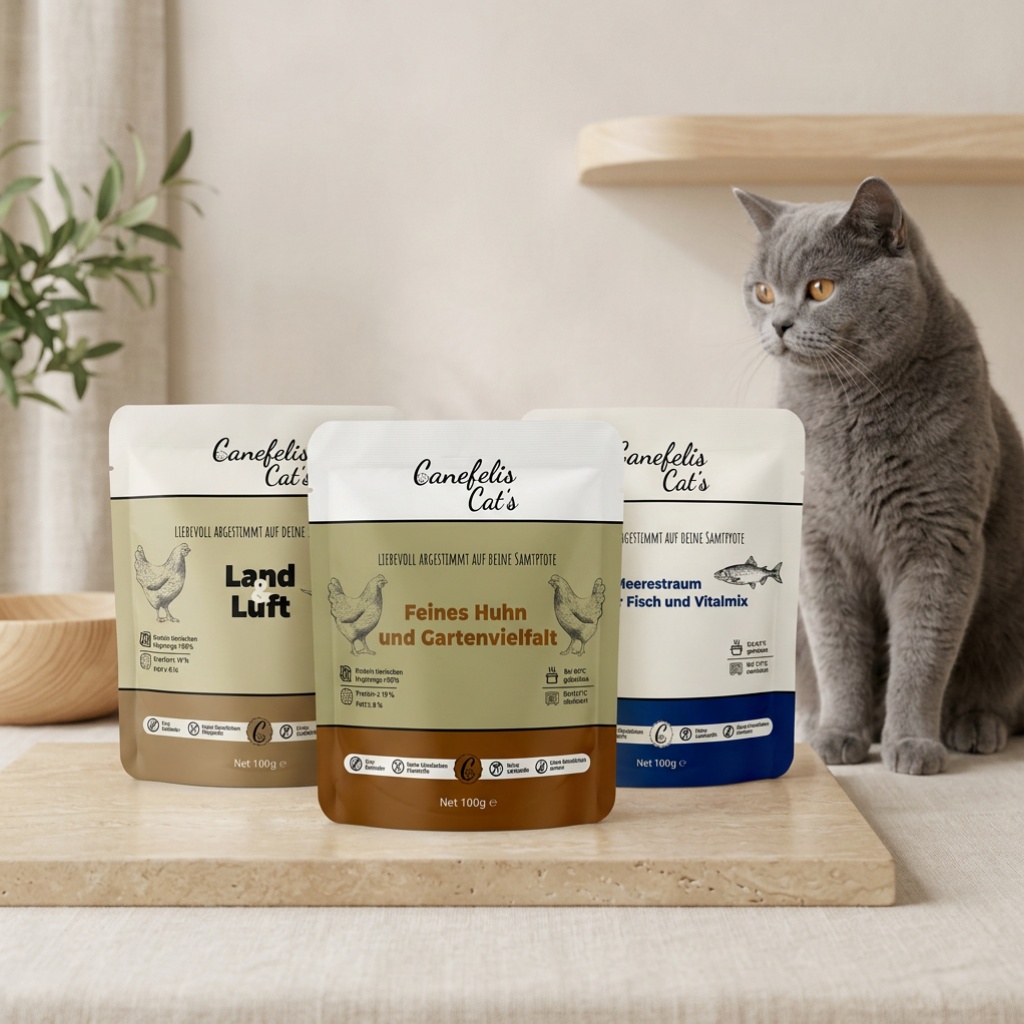 Katze neben drei Canefelis Softfutter-Beuteln