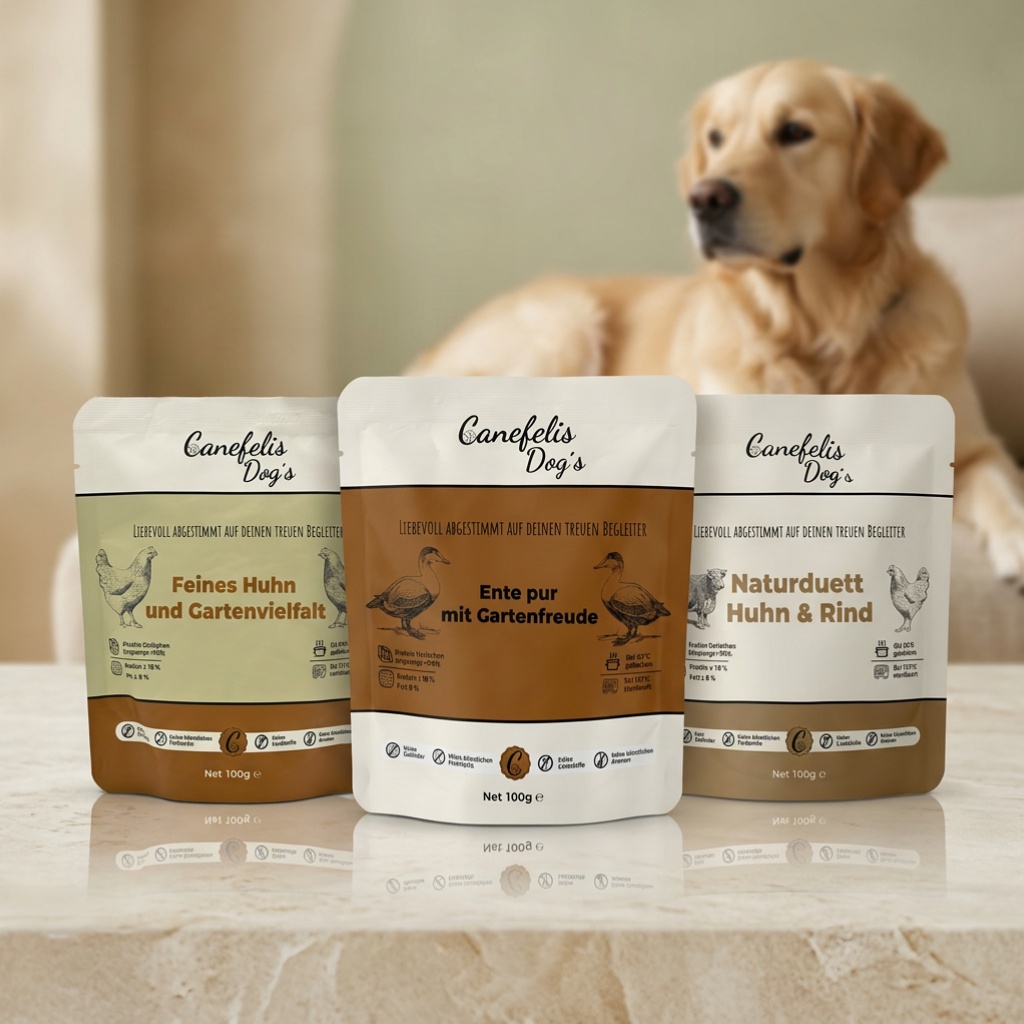 Hund neben drei Canefelis Softfutter-Beuteln