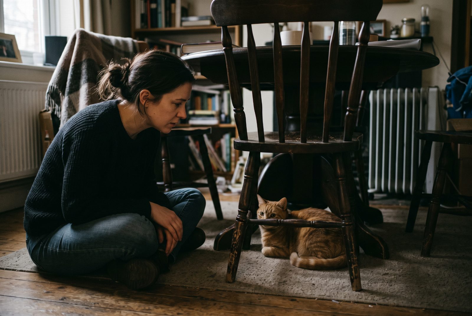 Halterin beobachtet ihre zurückgezogene Katze, die unter einem Stuhl liegt