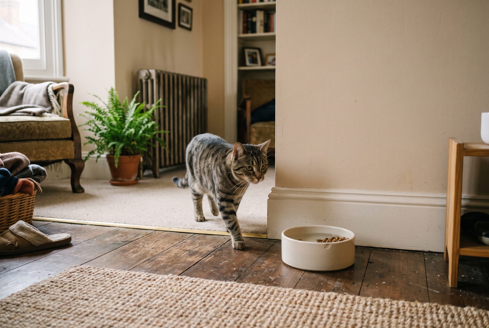 Napf steht in einer ruhigen Ecke, mit deutlichem Abstand zur Katzentoilette
