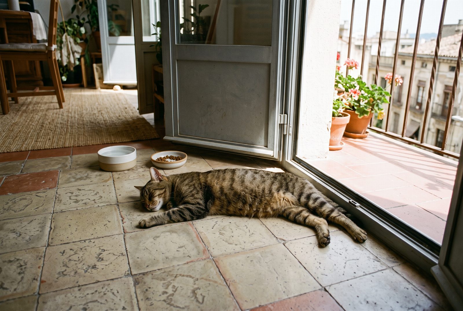 Katze liegt flach ausgestreckt auf kühlen Fliesen an einem heißen Sommertag
