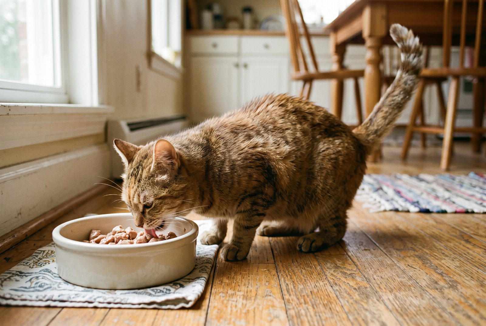 Katze frisst mit Appetit aus einem schlichten Napf am ruhigen Platz