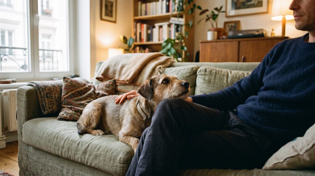 Hund legt den Kopf auf das Knie einer sitzenden Person im Wohnzimmer