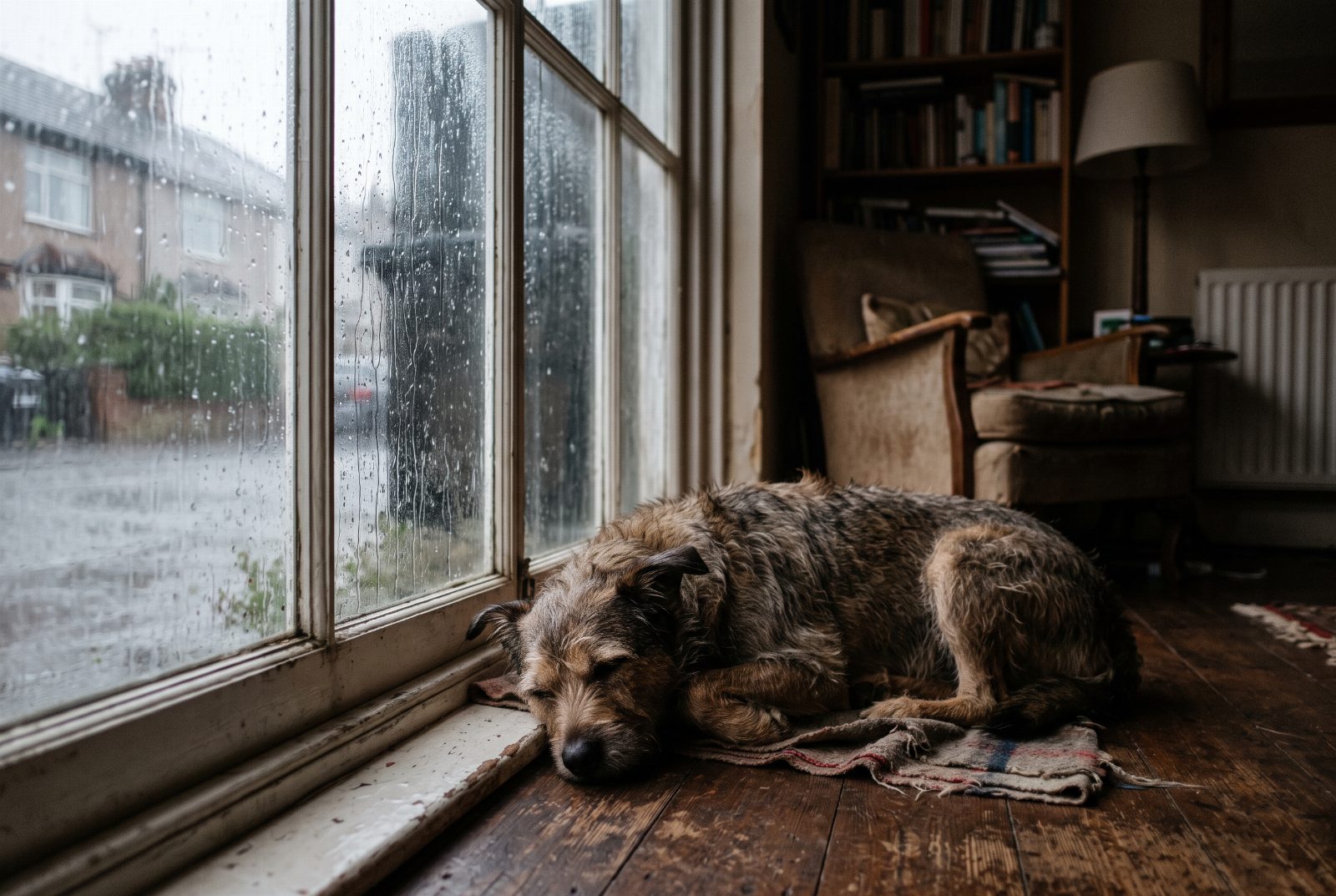 Hund spürt das Gewitter und drückt sich flach neben das Fenster, während draußen Regen fällt