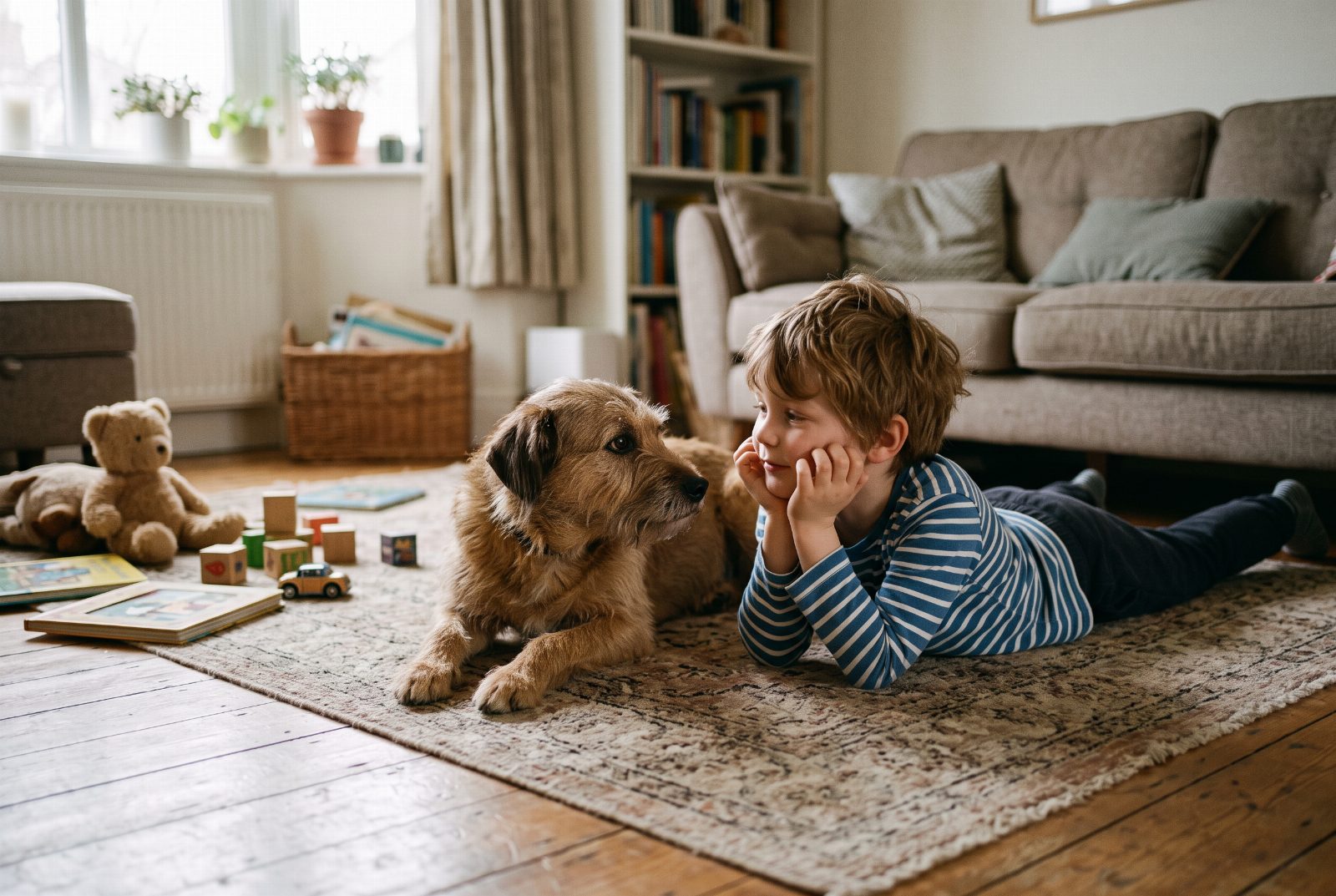 Kind liegt auf einem Teppich neben einem ruhigen Hund, ein Alltagsbild vom Aufwachsen mit Hund