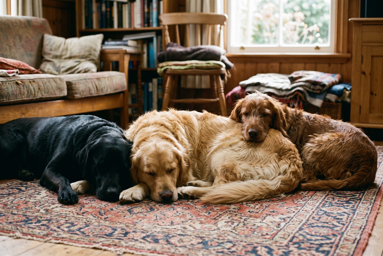 Drei Hunde mit unterschiedlicher Fellfarbe liegen nebeneinander, schwarz, hell und rot