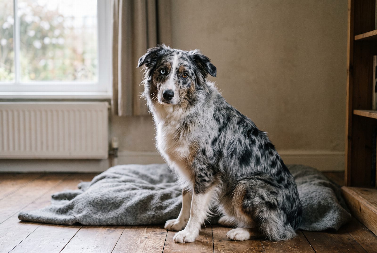 Hund mit Merle Fellfarbe, marmoriert graues Fell und einem blauen Auge, im Profil