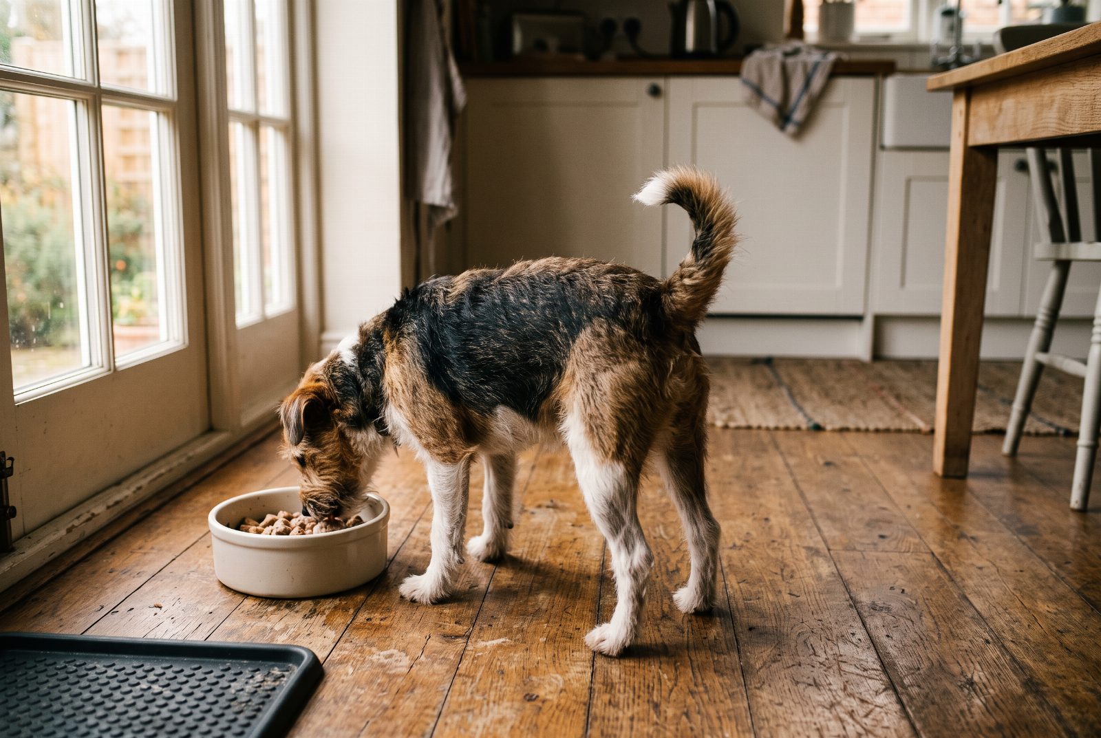 Hund frisst in der Küche aus einem schlichten Napf ohne Aufdruck, ruhige Alltagsszene