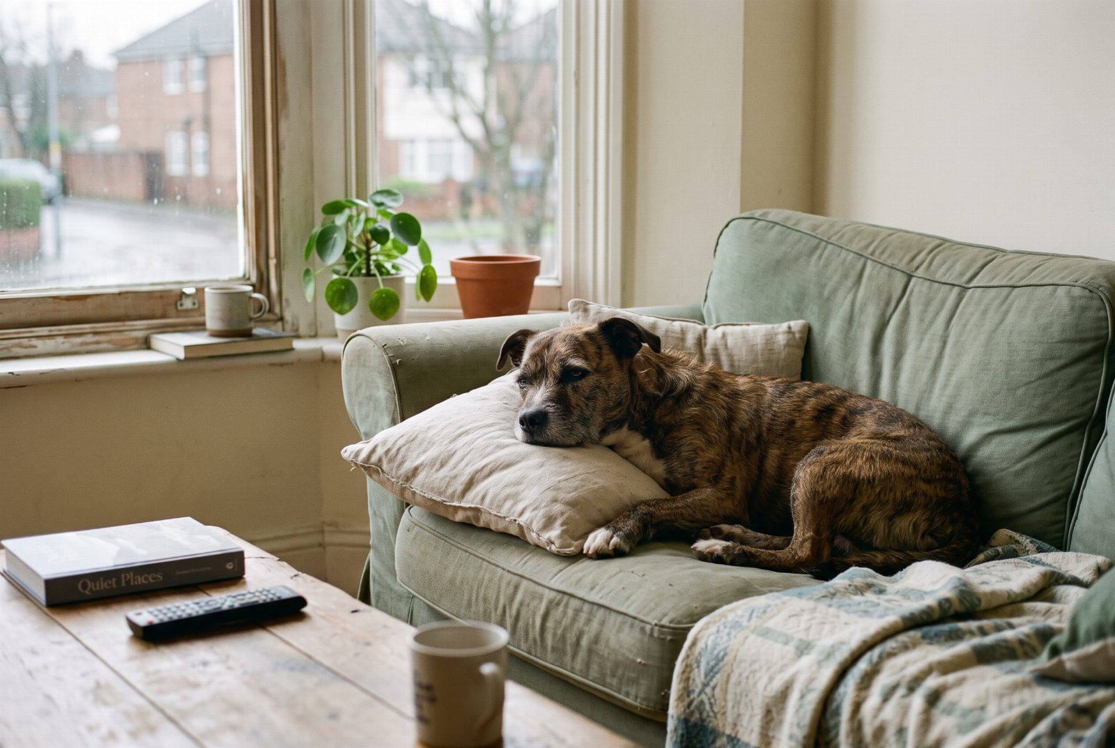 Hund liegt zurückgezogen auf dem Sofa, das Kinn auf dem Kissen, und verhält sich anders als sonst