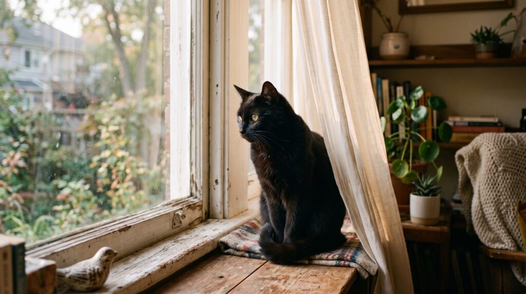Schwarze Katze sitzt ruhig auf der Fensterbank im Nachmittagslicht