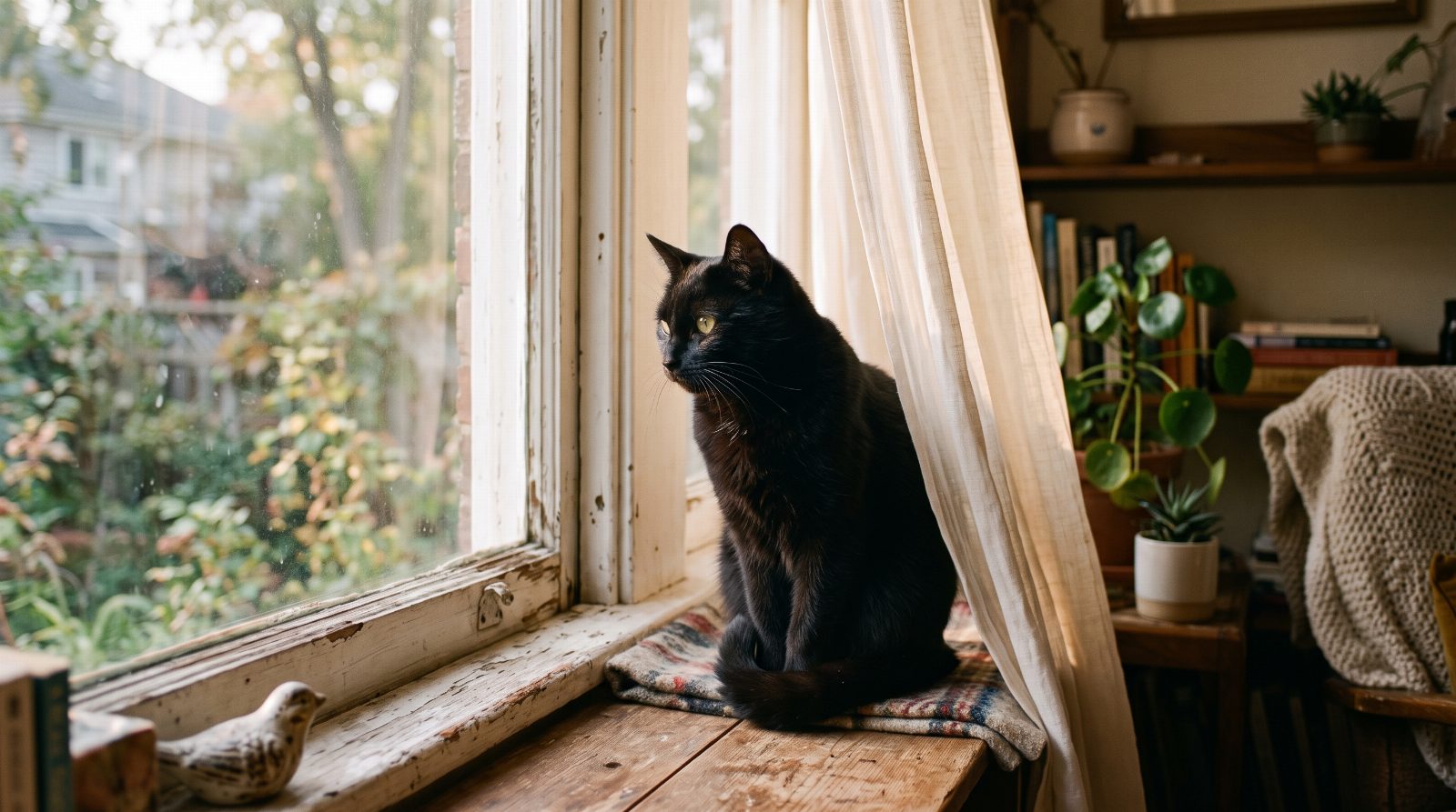 Schwarze Katze sitzt ruhig auf der Fensterbank im Nachmittagslicht