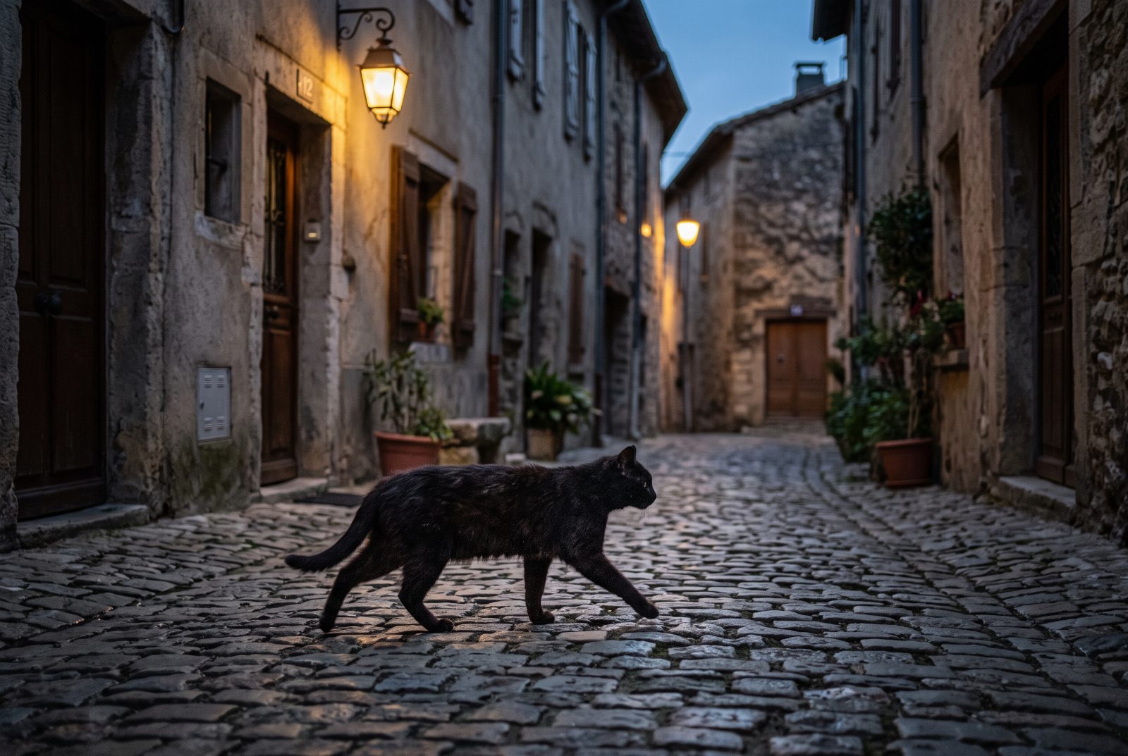 Schwarze Katze läuft in der Dämmerung über eine Kopfsteinpflastergasse, Motiv zum Aberglauben