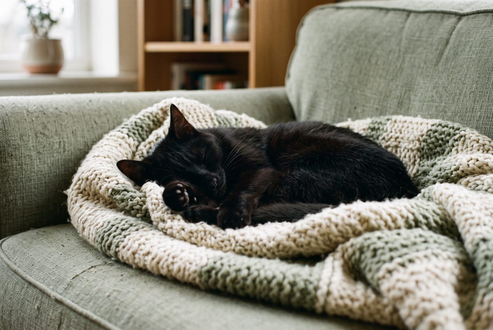 Schwarze Katze schläft zusammengerollt in einer Decke auf dem Sofa