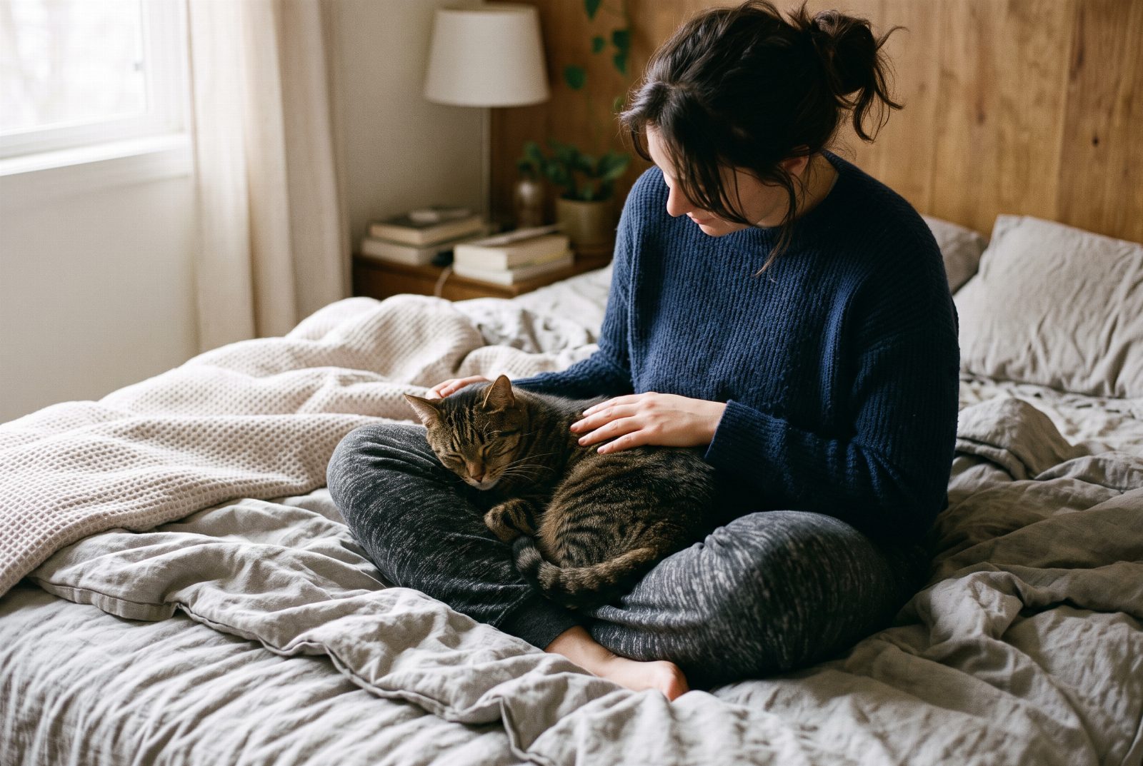 Katze liegt entspannt auf dem Schoß eines Menschen auf dem Bett und sucht Nähe