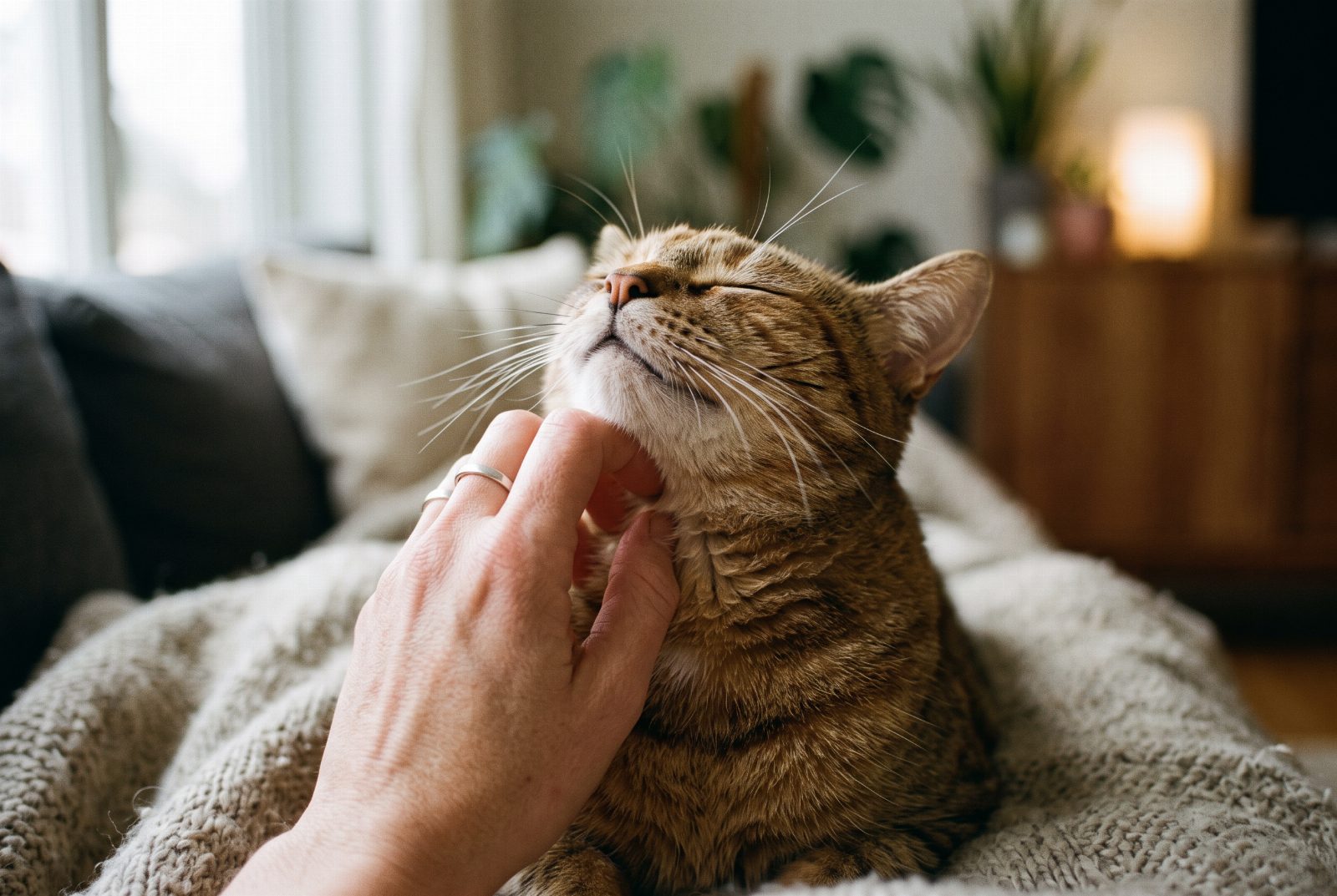 Nahaufnahme einer entspannten schnurrenden Katze, die unter dem Kinn gekrault wird