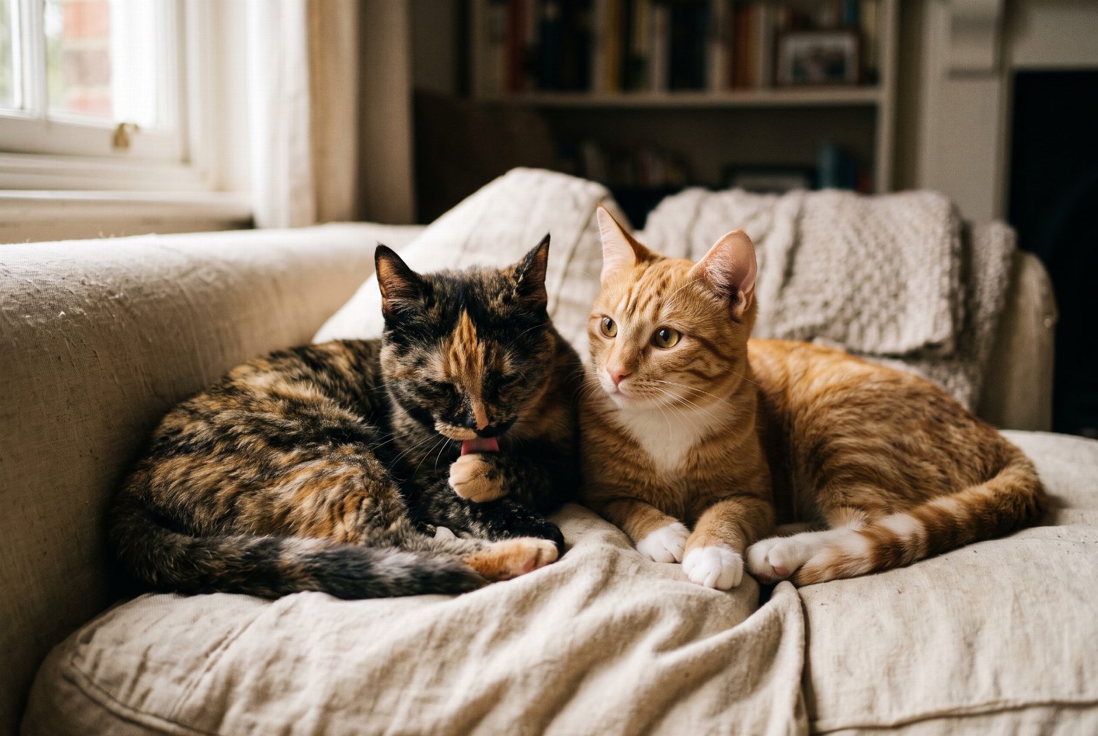 Rote Katze und Schildpattkatze liegen nebeneinander, zwei verschiedene Fellfarben im Vergleich