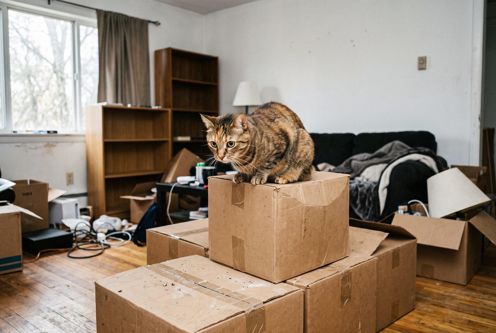 Katze sitzt auf einem Stapel Umzugskartons in einem halb gepackten Zimmer