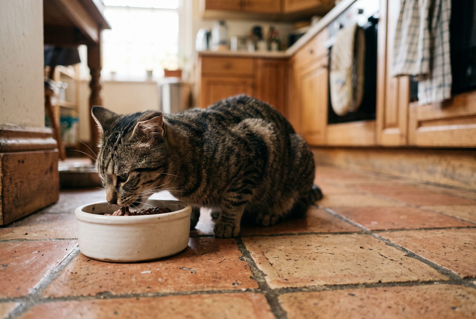 Katze frisst aus einem schlichten Napf, Aufnahme aus niedriger Perspektive