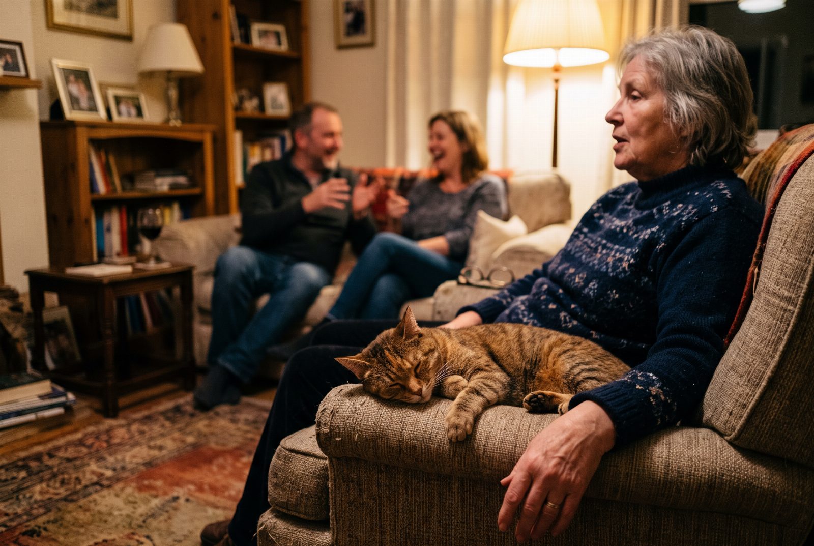 Katze legt sich neben den Besucher, der sie ruhig ignoriert