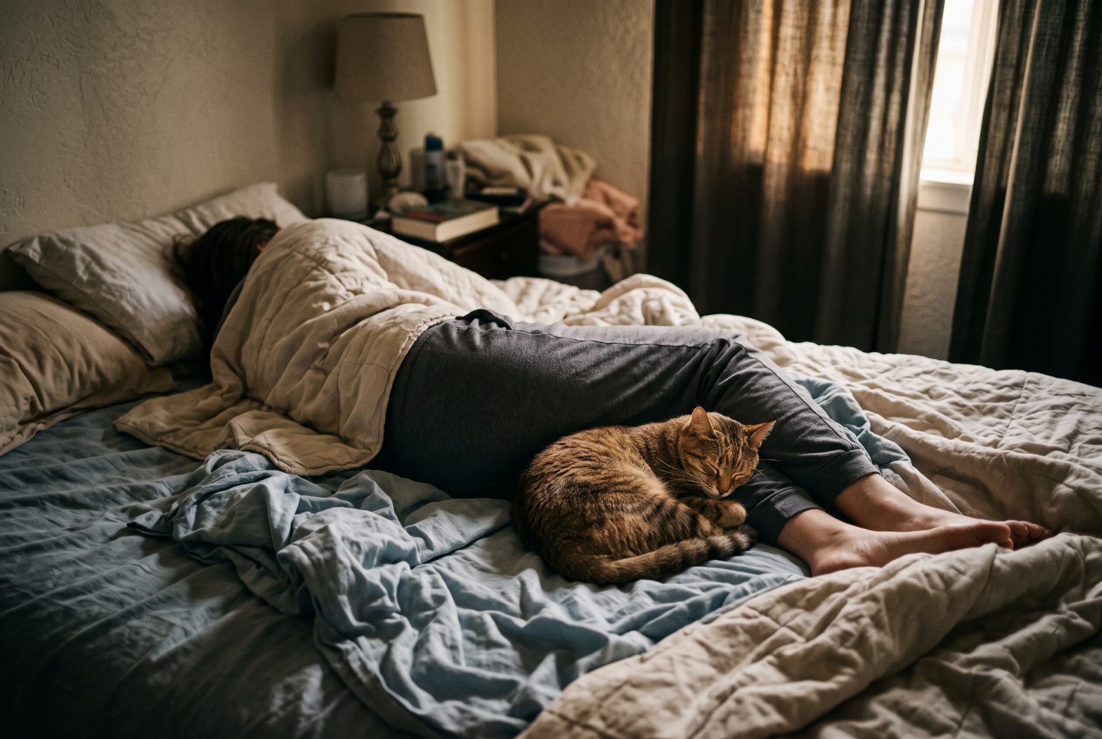 Katze schläft zusammengerollt an den Beinen ihres Menschen im Bett