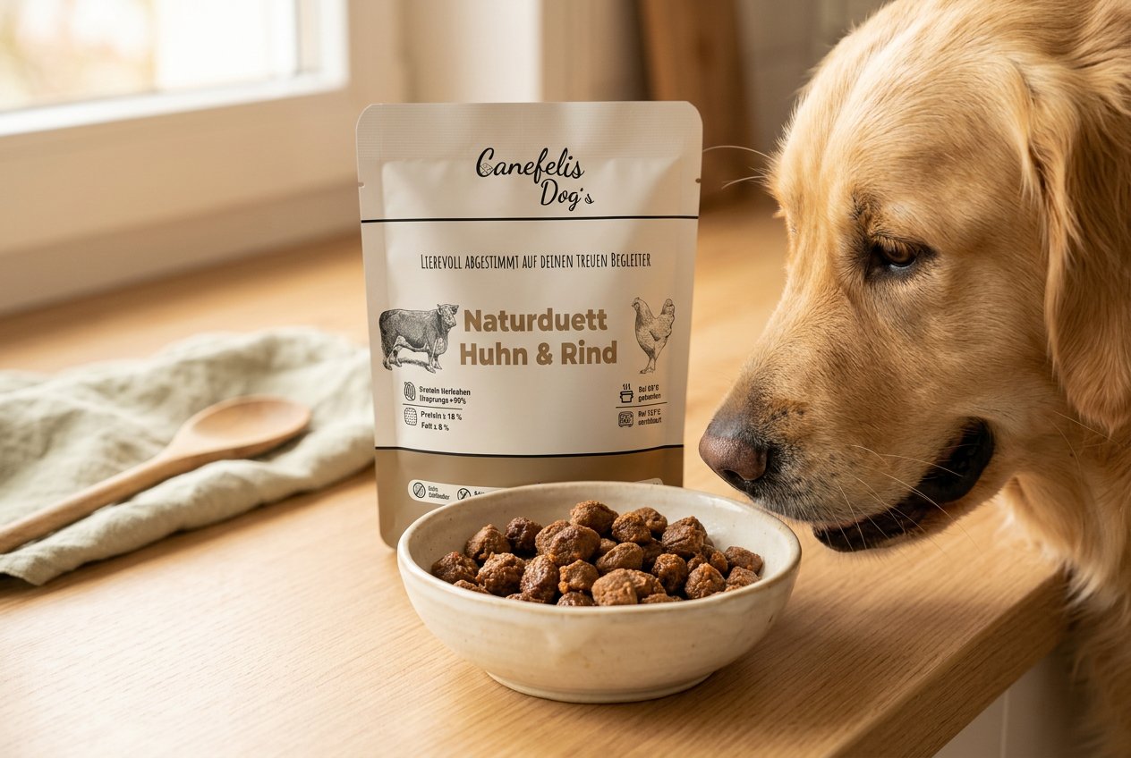 Canefelis schonend gegarte Hundefutter im Napf, Hund frisst mit Begeisterung