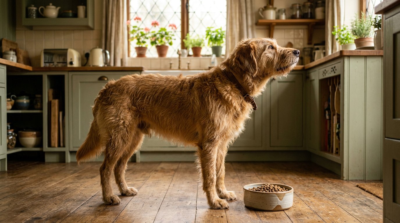 Hund frisst nicht: Hund dreht sich vom vollen Napf weg