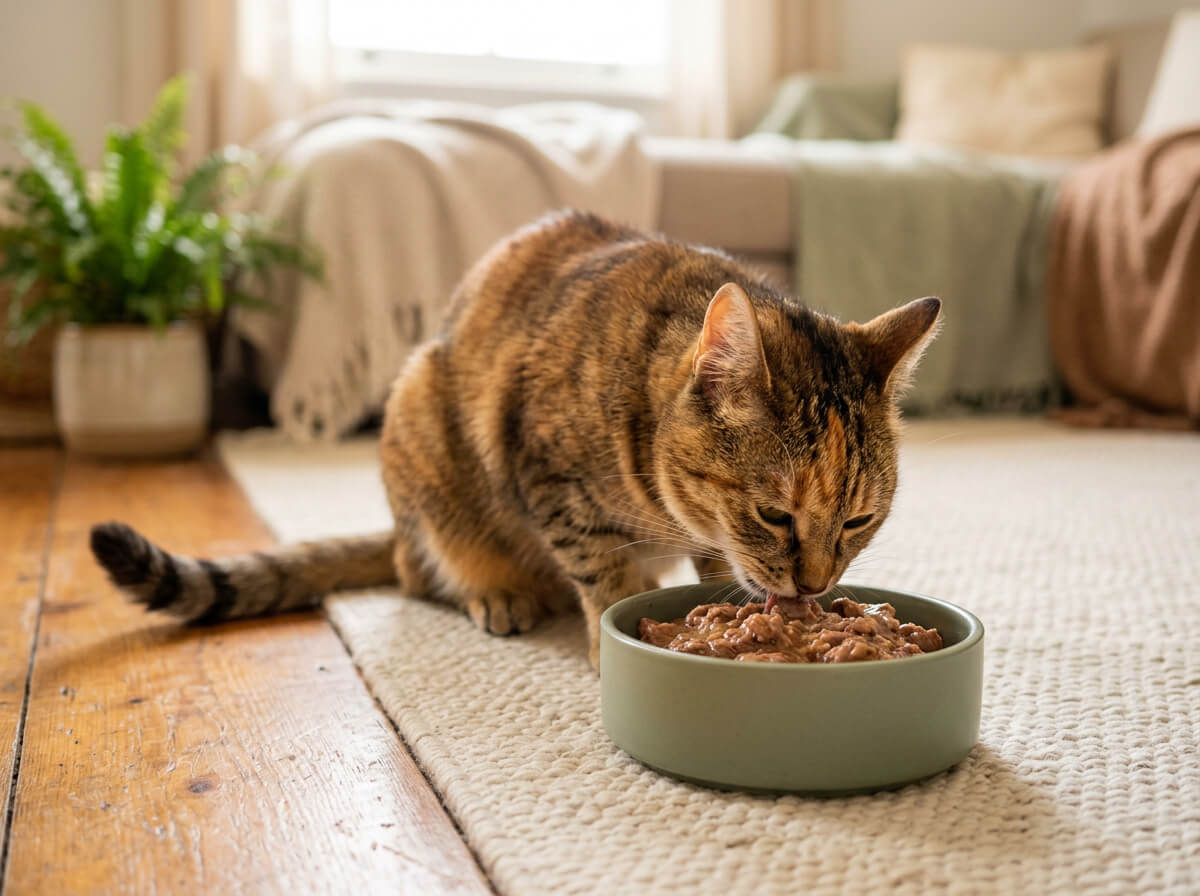 Katze frisst Nassfutter mit sichtbarem Appetit