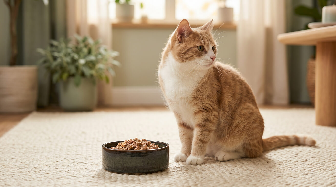 Katze vor einem gefüllten Futternapf