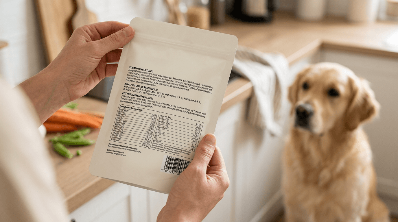Hundefutter-Etikett mit Angaben zu tierischen Nebenerzeugnissen
