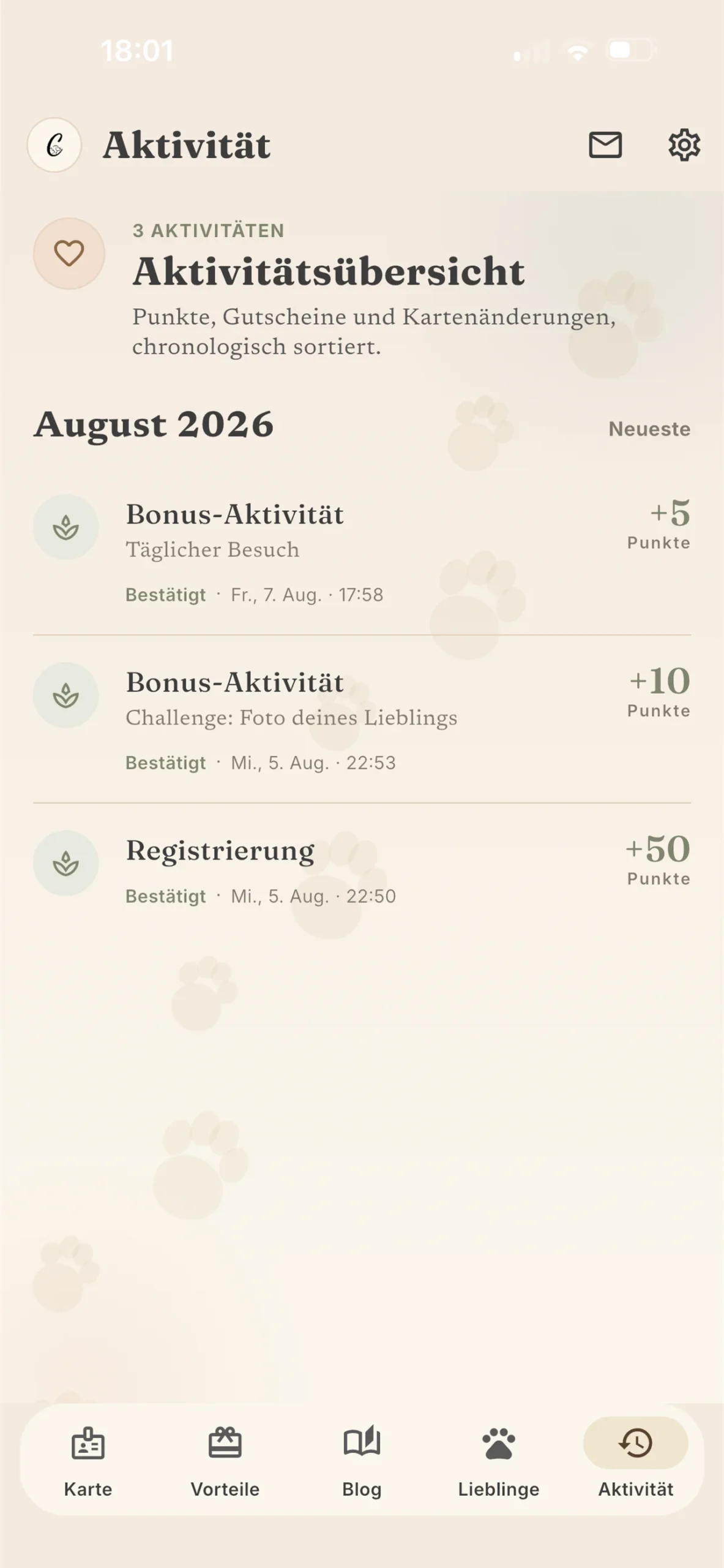 Aktivitätsübersicht in der Canefelis Club App