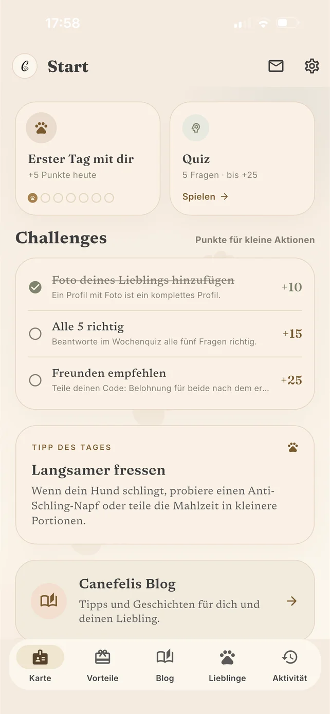 Canefelis Club App Startseite mit Challenges und Punkten