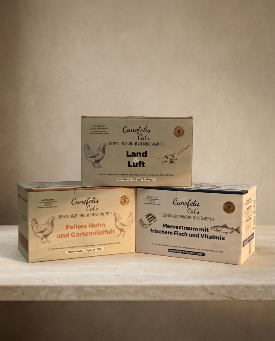 Canefelis Vorratspaket Katze: drei 1,2-kg-Packungen Canefelis Vorratspaket für Katzen: drei 1,2-kg-Packungen Softfutter (Huhn, Huhn und Wachtel, Fisch und Huhn) gestapelt auf Stein