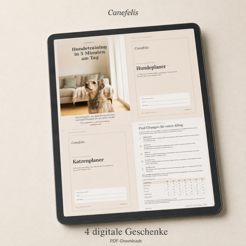 Vier digitale Canefelis-Geschenke auf einem Tablet: Hundetraining, fünf Übungen sowie Hunde- und Katzenplaner als PDF.