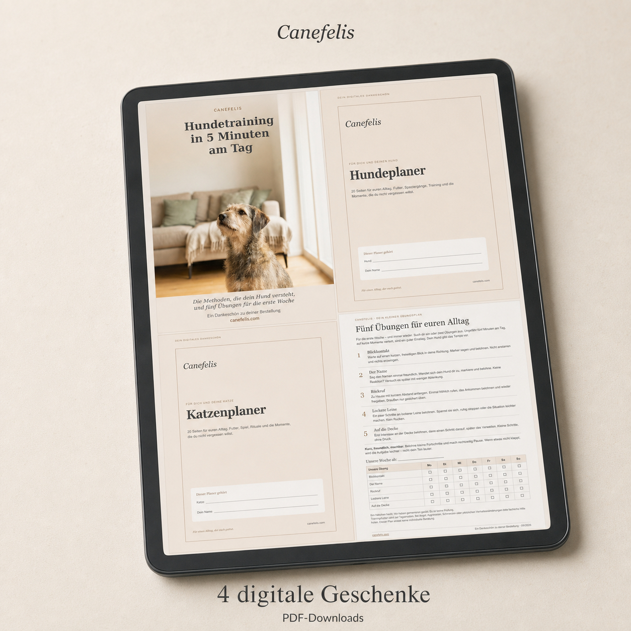 Canefelis – digitale Geschenke, natürliche Produktansicht Vier digitale Canefelis-Geschenke auf einem Tablet: Hundetraining, fünf Übungen sowie Hunde- und Katzenplaner als PDF.