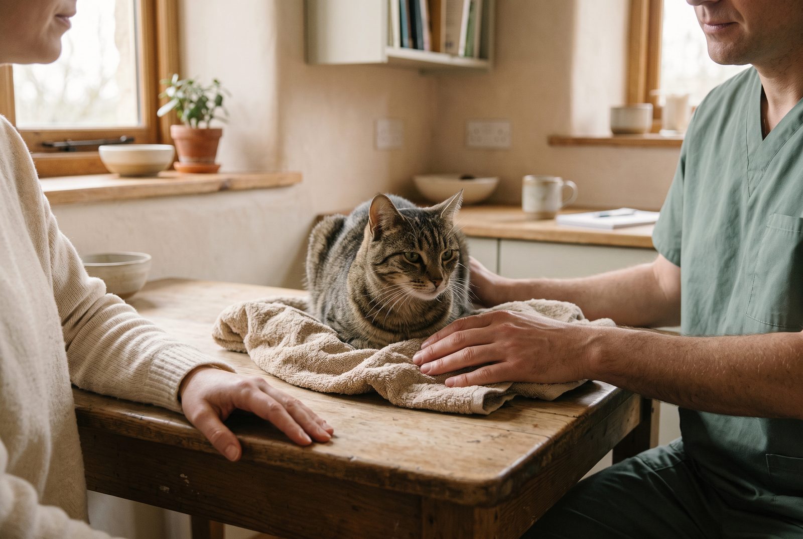 Mirna tigrasta mačka leži na bež peškiru tokom razgovora vlasnice i veterinara u svetloj ordinaciji.